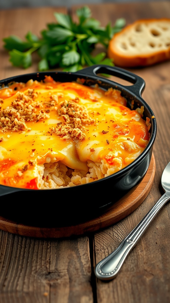 Cheesy chicken and rice casserole topped with melted cheese and breadcrumbs, served on a rustic table.